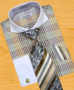 Daniel Ellissa Beige / Brown / White / Black Plaid With Spread Collar / Free Cufflinks Shirt / Tie / Hanky Set DS3760P2.