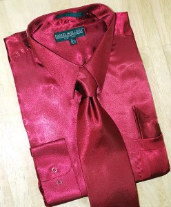 Daniel Ellissa Satin Wine Dress Shirt/Tie/Hanky Set
