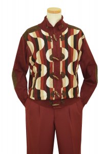 Silversilk Burgundy / Rust / Beige / White Knitted Rayon Blend Zip-Up Geometric Design Sweater Jacket With Brown Microsuede Elbow Patches And Curved Cylindrical Wooden Buttons 6980