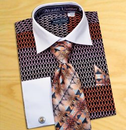 Avanti Uomo Black / Orange Pointed Two Tone Design 100% Cotton Shirt / Tie / Hanky Set With Free Cufflinks DN61M.