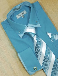 Fratello Turquoise / Sky Blue Double Collar With Rhinestones And French Cuffs Shirt/Tie/Hanky Set With Free Cufflinks FRV4111P2