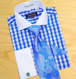 Avanti Uomo White With Turquoise Windowpane Shirt / Tie / Hanky Set With Free Cufflinks DN46M