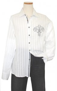 Saint Cado "Signature" White With Self Stripes And Embroidery Long Sleeves 100% Cotton Shirt S-2126
