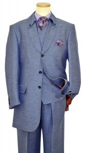 Solo 360 Blue Herringbone Super 140's Silk and Linen Vested Semi Wide Leg Fashion Suit S228-2