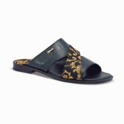 Mauri 5140 Black Genuine Ostrich Leg / Gobelins Fabric Slip-On Sandals.