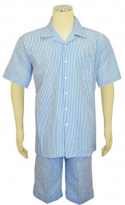 Bagazio Light Blue / White Cotton Blend Seersucker Short Sleeve Outfit BM1740