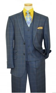 Luciano Carreli Slate Blue / Mustard Windowpanes Super 150's Wool Wide Leg Vested Suit 6296-9715