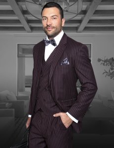 Statement Confidence Wine / Grey Stripes Super 150's Wool Vested Wide Leg Suit TZ-950
