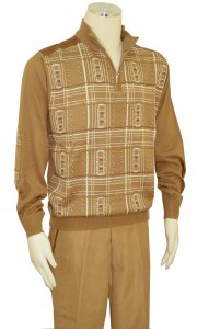 Stacy Adams Camel / White / Brown Zip-Up Sweater Outfit With Elbow Patches 3374