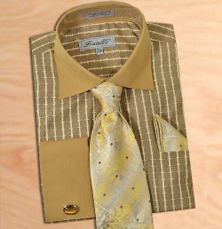 Fratello Olive / Khaki / Beige Artistic Design Shirt / Tie / Hanky Set With Free Cufflinks FRV4131P2