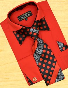 Daniel Ellissa Red / Black Polka Dots Double Collar Shirt / Tie / Hanky Set With Free Cufflinks FS1112P2