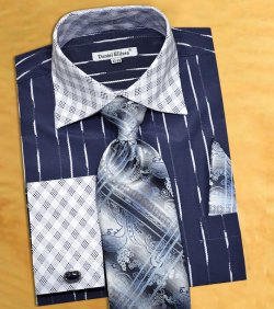 Daniel Ellissa Navy / White Vertical Stripe Two Tone Shirt / Tie / Hanky Set With Free Cufflinks DS3777P2