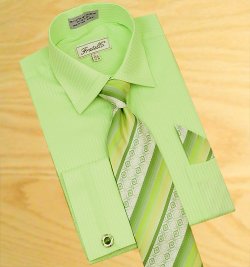 Fratello Lime Green Shadow Stripes Shirt/Tie/Hanky Set With Free Cuff links FRV4112P2