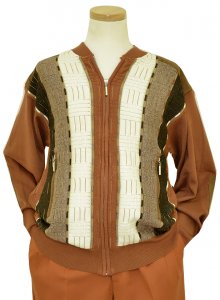 SilverSilk Rust / Cream / Brown Knitted Front Zipper Triple Textured Stripes Sweater Jacket 3594