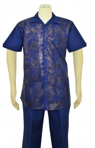 Pronti Navy Blue / Metallic Bronze Paisley Design Short Sleeve Outfit SP6254