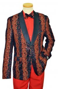 Giovanni Testi Black / Red / Gold Sequined Shawl Collar Blazer With Bow Tie GT2SSX-0441