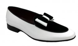 Duca Di Matiste "Amalfi" White / Black Genuine Velvet / Patent Leather Matching Bow Tie Loafer Shoes.