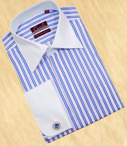 Carreli White with Baby Blue / Royal Blue Stripes 100% Double Mercerized Egyptian cotton French cuff Dress Shirt 2169