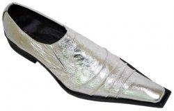 Fiesso Metallic Silver Grey Pleated Pointed Toe Leather Shoes FI8049