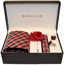 Endless Knot Red / Wine / White Plaid Silk Necktie / Lapel Pin / Cufflink Gift Set GBS2