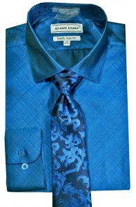 Avanti Uomo Aqua Blue / Navy Slim Fit Woven Satin Shirt / Tie Set DNS07