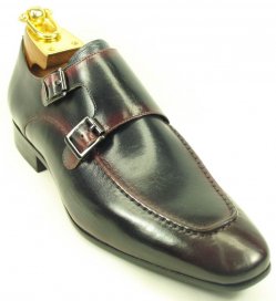 Carrucci Black / Red Genuine Calfskin Leather Loafer Shoes With Double Monk Strap KS502-11.