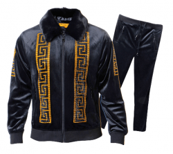 Prestige Black / Gold Crystal Studded Velour / Faux Fur Tracksuit Outfit JGS-130