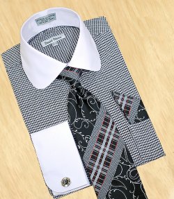 Daniel Ellissa White / Black Houndstooth With White Curve Spread Collar Shirt / Tie / Hanky Set With Free Cufflinks DS3754P2