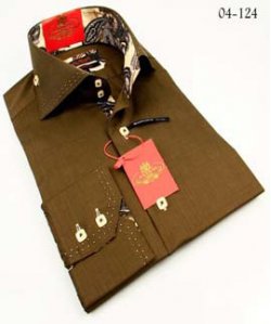 Axxess Olive / Brown Handpick Stitching 100% Cotton Dress Shirt 04-124