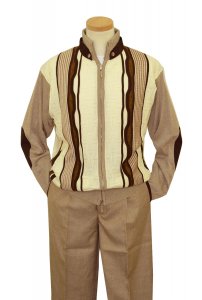 Montique Cream / Beige / Taupe / Brown Woven Zip-Up Knitted Sweater Outfit With Tan Elbow Patches And Neck Epaulets 1501