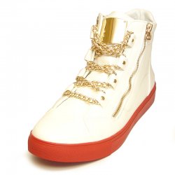 Encore By Fiesso White / Red Leather High Top Sneakers with Gold Chain FI6901