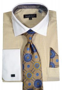 Avanti Uomo White / Beige / Taupe Cotton Blend French Cuff Shirt / Tie / Hanky Set DN83M