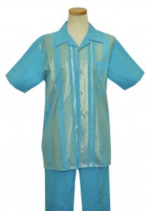 Pronti Light Turquoise / Metallic Gold Stripes 2 Piece Short Sleeve Outfit SP6164