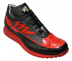 Mauri 8555 Black / Red Genuine Alligator / Metallic Fabric / Pebble Grain Nappa Leather Sneakers With Two Silver Hardware