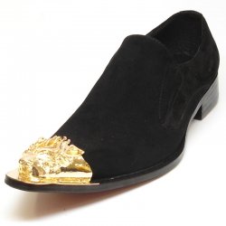 Fiesso Black Genuine Suede With Gold Metal Lion Tip Loafer Shoes FI6909.