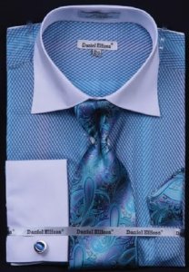 Daniel Ellissa Turquoise / Black Two Tone Stripes Design Shirt / Tie / Hanky Set With Free Cufflinks DS3770P2