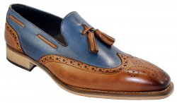 Duca Di Matiste 1866 Cognac / Blue Genuine Italian Calfskin Loafer Shoes With Tassel.