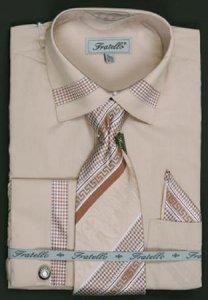 Fratello Beige Houndstooth Patch Shirt / Tie / Hanky Set With Free Cufflinks FRV4109P2