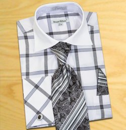 Daniel Ellissa White / Grey Windowpanes Shirt / Tie / Hanky Set With Free Cufflinks DS3768P2