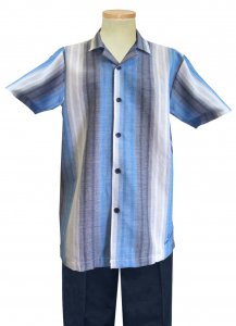 Steve Harvey Navy Blue / Baby Blue / White Striped Design 2 Piece Linen and Cotton Blend Short Sleeve Outfit SH7504