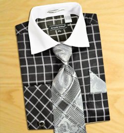 Avanti Uomo Black / White Windowpanes Design Shirt / Tie / Hanky Set With Free Cufflinks DN56M