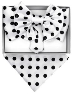 Vittorio Vico White / Black Polka Dot Double Layered Silk Bow Tie / Hanky Set XL186