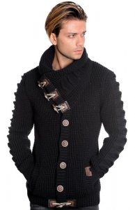 LCR Black Button-Up Modern Fit Wool Blend Shawl Collar Cardigan Sweater 5587