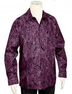 Pronti Purple / Black Paisley Design Velvet / Linen / Cotton Long Sleeve Shirt S6257