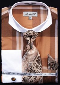 Fratello Brown Large Checker Two Tone Design Shirt / Tie / Hanky Set With Free Cufflinks FRV4125P2.