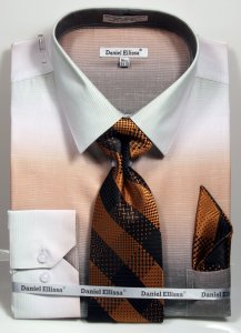 Daniel Ellissa Sage / Beige / Camel Fade Design Dress Shirt / Tie / Hanky Set DS3795P2