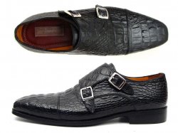 Paul Parkman ''045BK41'' Black Genuine Calfskin Print Crocodile Double Monkstraps Shoes.