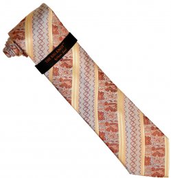 Steven Land "Big Knot" BW1722 Rust / Grey / Beige Striped Floral Design Silk Necktie / Hanky Set