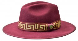 Bruno Capelo Burgundy / Gold Greek Banded Wool Flat Brim Fedora Dress Hat WE-977