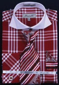 Fratello Burgundy Checker Pattern Two Tone Shirt / Tie / Hanky Set With Free Cufflinks FRV4118P2